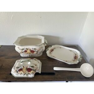 RARE 4-PC Royal Sealy Plum Harvest Soup Tureen Matching Platter Lid & Ladle 60's